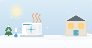 An outdoor heat pump running in the snow with warm air rising, next to a cozy warm-lit house on a cold winter day.